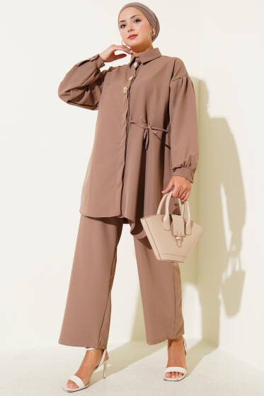 Yan İp Bağcıklı Düğmeli Dabıl İkili Takım Latte - İkili Takım