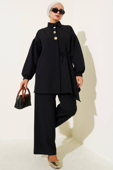 Yan İp Bağcıklı Düğmeli Dabıl İkili Takım Siyah - İkili Takım