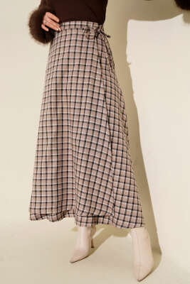 Yan İp Bağcıklı Ekoseli Etek Bej - VAV TEKSTİL