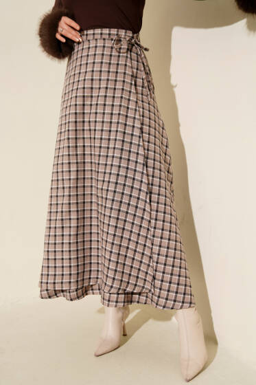 Yan İp Bağcıklı Ekoseli Etek Bej - Etek