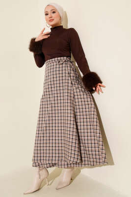 Yan İp Bağcıklı Ekoseli Etek Bej - Etek