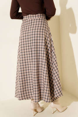 Yan İp Bağcıklı Ekoseli Etek Bej - Etek