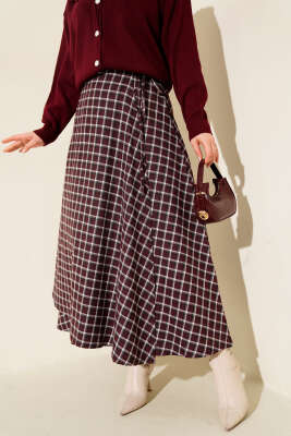 Yan İp Bağcıklı Ekoseli Etek Bordo - VAV TEKSTİL