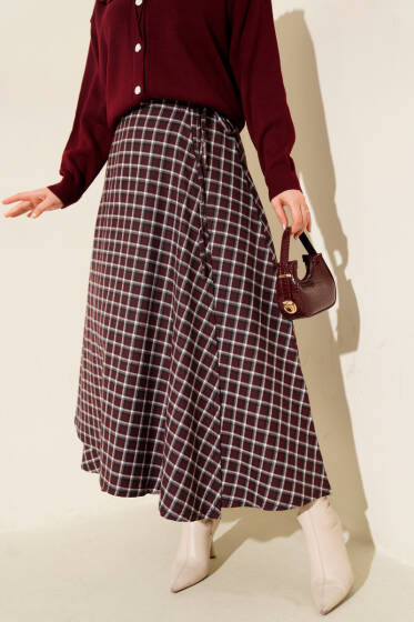 Yan İp Bağcıklı Ekoseli Etek Bordo - Etek