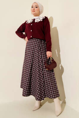 Yan İp Bağcıklı Ekoseli Etek Bordo - Etek