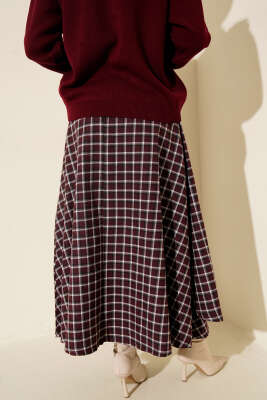 Yan İp Bağcıklı Ekoseli Etek Bordo - Etek