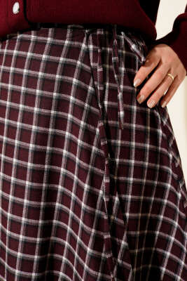 Yan İp Bağcıklı Ekoseli Etek Bordo - Etek