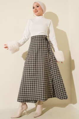 Yan İp Bağcıklı Ekoseli Etek Haki - Etek