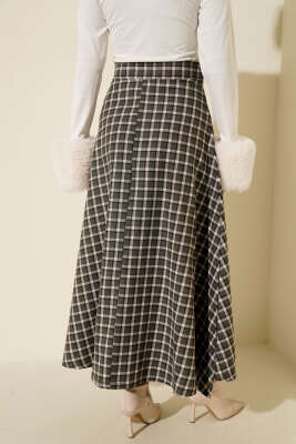 Yan İp Bağcıklı Ekoseli Etek Haki - Etek