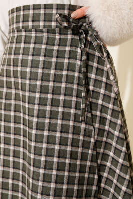 Yan İp Bağcıklı Ekoseli Etek Haki - Etek