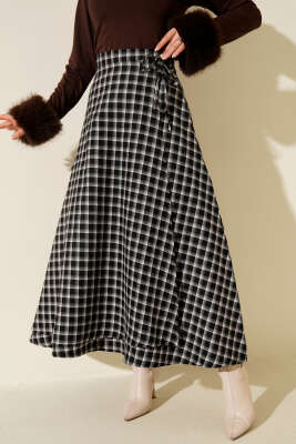 Yan İp Bağcıklı Ekoseli Etek Siyah - VAV TEKSTİL