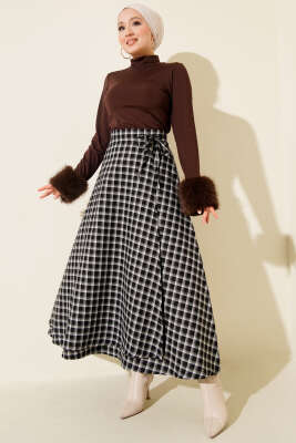 Yan İp Bağcıklı Ekoseli Etek Siyah - Etek