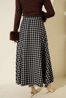 Yan İp Bağcıklı Ekoseli Etek Siyah - Etek