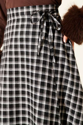 Yan İp Bağcıklı Ekoseli Etek Siyah - Etek