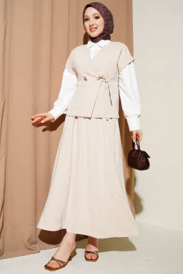 Yan İp Bağcıklı Etekli İkili Takım Bej - MD TREND