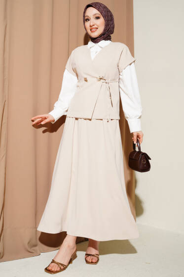 Yan İp Bağcıklı Etekli İkili Takım Bej - İkili Takım