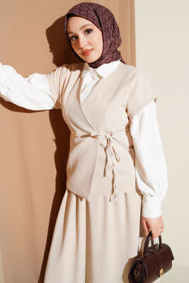 Yan İp Bağcıklı Etekli İkili Takım Bej - İkili Takım