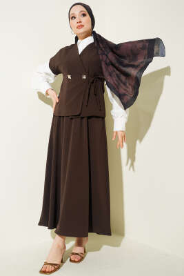 Yan İp Bağcıklı Etekli İkili Takım Kahve - İkili Takım