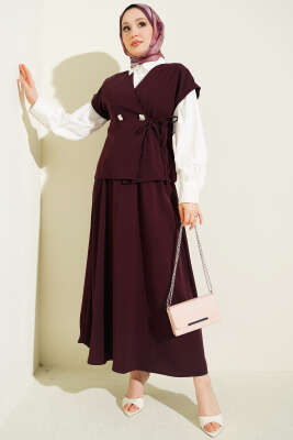 Yan İp Bağcıklı Etekli İkili Takım Mürdüm - MD TREND