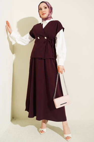 Yan İp Bağcıklı Etekli İkili Takım Mürdüm - İkili Takım