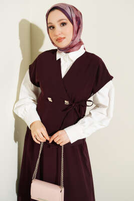 Yan İp Bağcıklı Etekli İkili Takım Mürdüm - İkili Takım