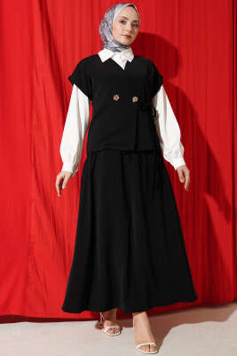 Yan İp Bağcıklı Etekli İkili Takım Siyah - MD TREND