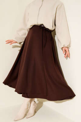 Yan İp Bağcıklı Kloş Scuba Etek Kahve - HBS