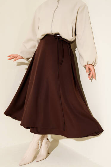 Yan İp Bağcıklı Kloş Scuba Etek Kahve - Etek