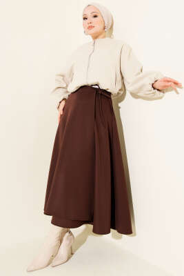 Yan İp Bağcıklı Kloş Scuba Etek Kahve - Etek