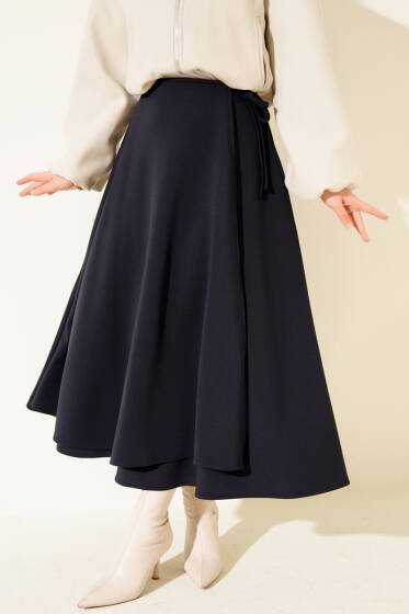 Yan İp Bağcıklı Kloş Scuba Etek Lacivert - Etek