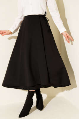 Yan İp Bağcıklı Kloş Scuba Etek Siyah - HBS