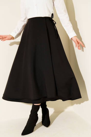 Yan İp Bağcıklı Kloş Scuba Etek Siyah - Etek
