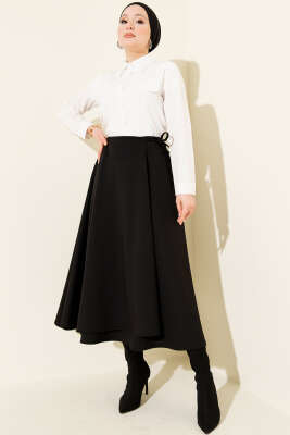 Yan İp Bağcıklı Kloş Scuba Etek Siyah - Etek