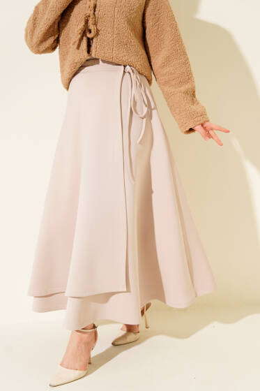 Yan İp Bağcıklı Scuba Etek Bej - Etek