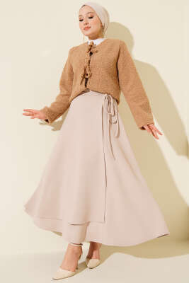 Yan İp Bağcıklı Scuba Etek Bej - Etek