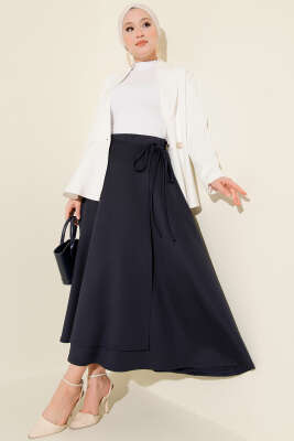 Yan İp Bağcıklı Scuba Etek Lacivert - Etek