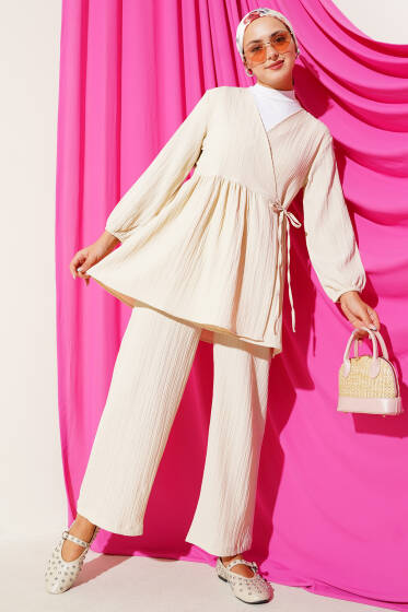 Yan İp Bağlamalı Ağaç Kabuğu İkili Takım Bej - İkili Takım