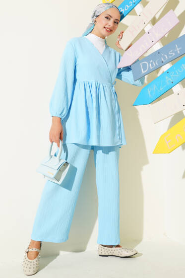 Yan İp Bağlamalı Ağaç Kabuğu İkili Takım Mavi - İkili Takım