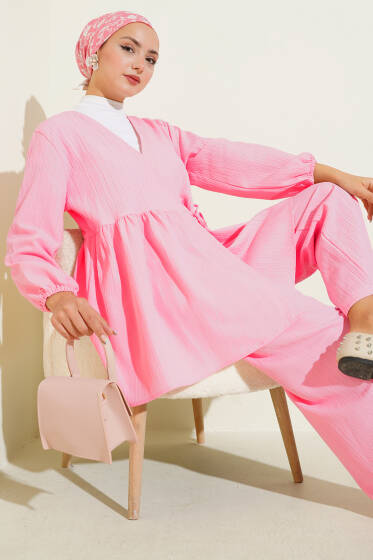 Yan İp Bağlamalı Ağaç Kabuğu İkili Takım Pembe - İkili Takım