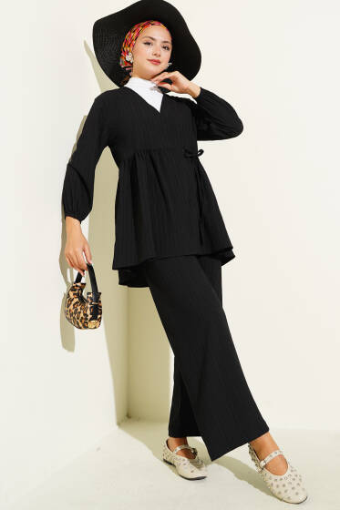 Yan İp Bağlamalı Ağaç Kabuğu İkili Takım Siyah - İkili Takım