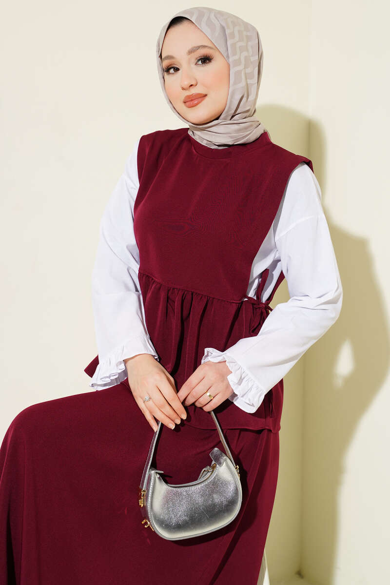 Yan İp Bağlamalı Gömlek Garnili Takım Bordo