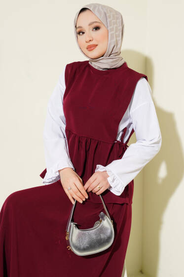 Yan İp Bağlamalı Gömlek Garnili Takım Bordo - İkili Takım