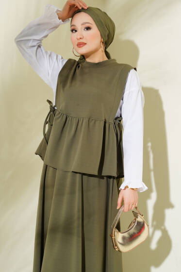 Yan İp Bağlamalı Gömlek Garnili Takım Haki - İkili Takım