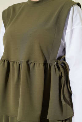 Yan İp Bağlamalı Gömlek Garnili Takım Haki - İkili Takım