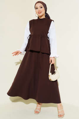 Yan İp Bağlamalı Gömlek Garnili Takım Kahve - CNR TEKSTİL