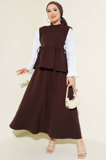 Yan İp Bağlamalı Gömlek Garnili Takım Kahve - İkili Takım