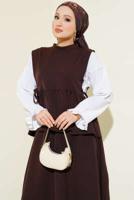 Yan İp Bağlamalı Gömlek Garnili Takım Kahve - İkili Takım