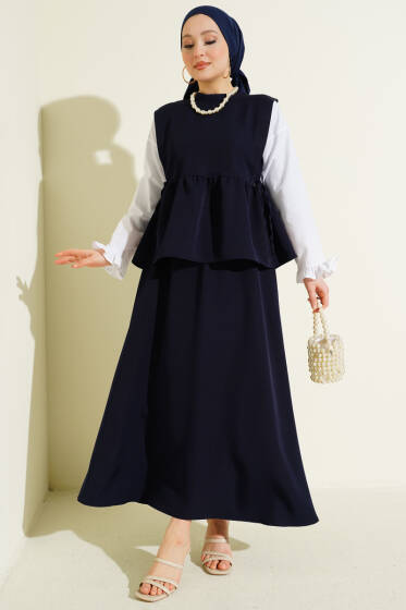 Yan İp Bağlamalı Gömlek Garnili Takım Lacivert - İkili Takım