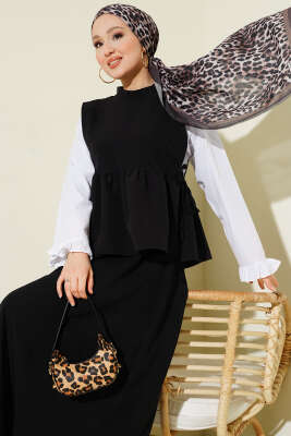 Yan İp Bağlamalı Gömlek Garnili Takım Siyah - İkili Takım