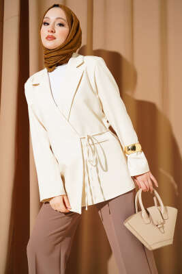 Yan İp Bağlamalı Kruvaze Blazer Ceket Bej - MD TREND